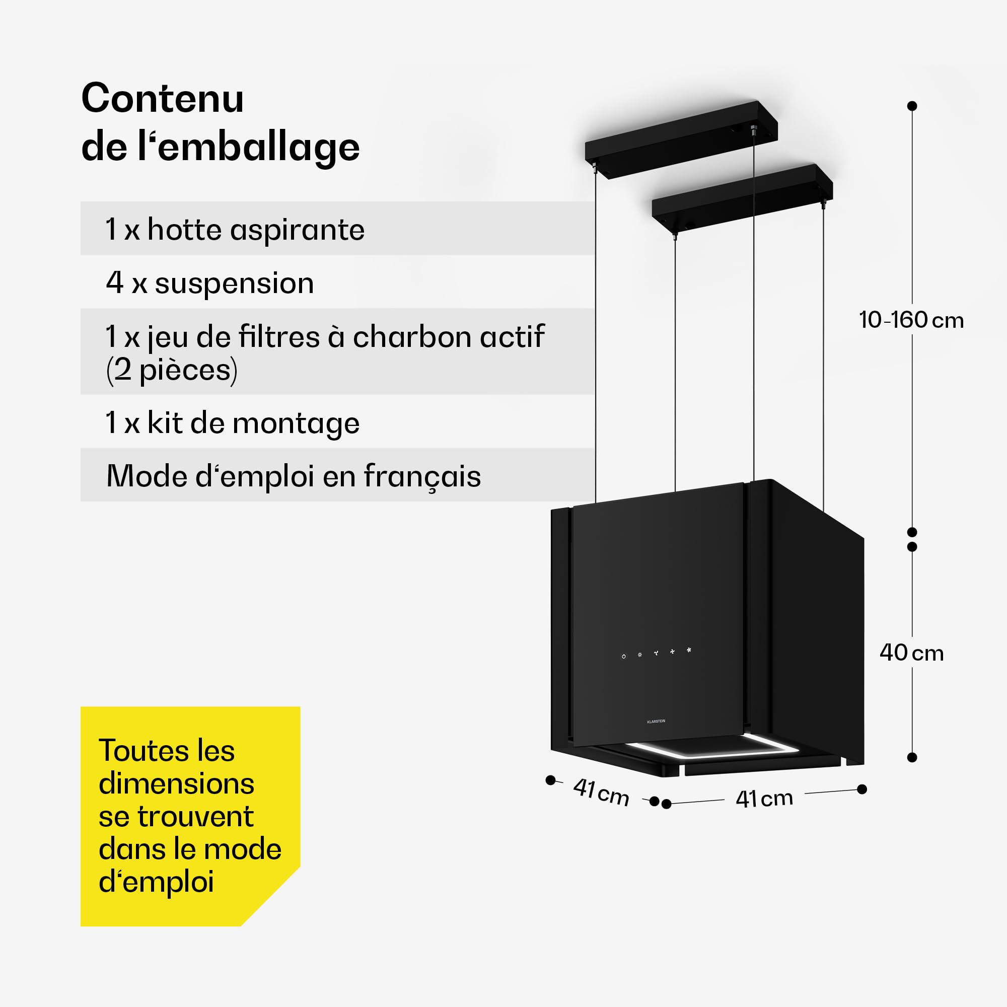 Klarstein Velaire Hotte Aspirante de Plafond - A++ Éco, 601 m³/h, Ultra Silencieuse 62 dB, Commandes Tactiles, LED, Filtre Charbon, 41x41x40 cm, Hotte Cuisine, Noir