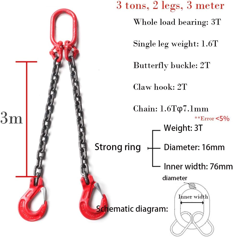 JTB Lifting Chains Sling Heavy Duty 2 Leg, Chain Sling with Grab Hooks Sling Chain 3 Ton (6613 Lbs) Capacity for Lifting Used for Lifting Machinery, Buildings, etc