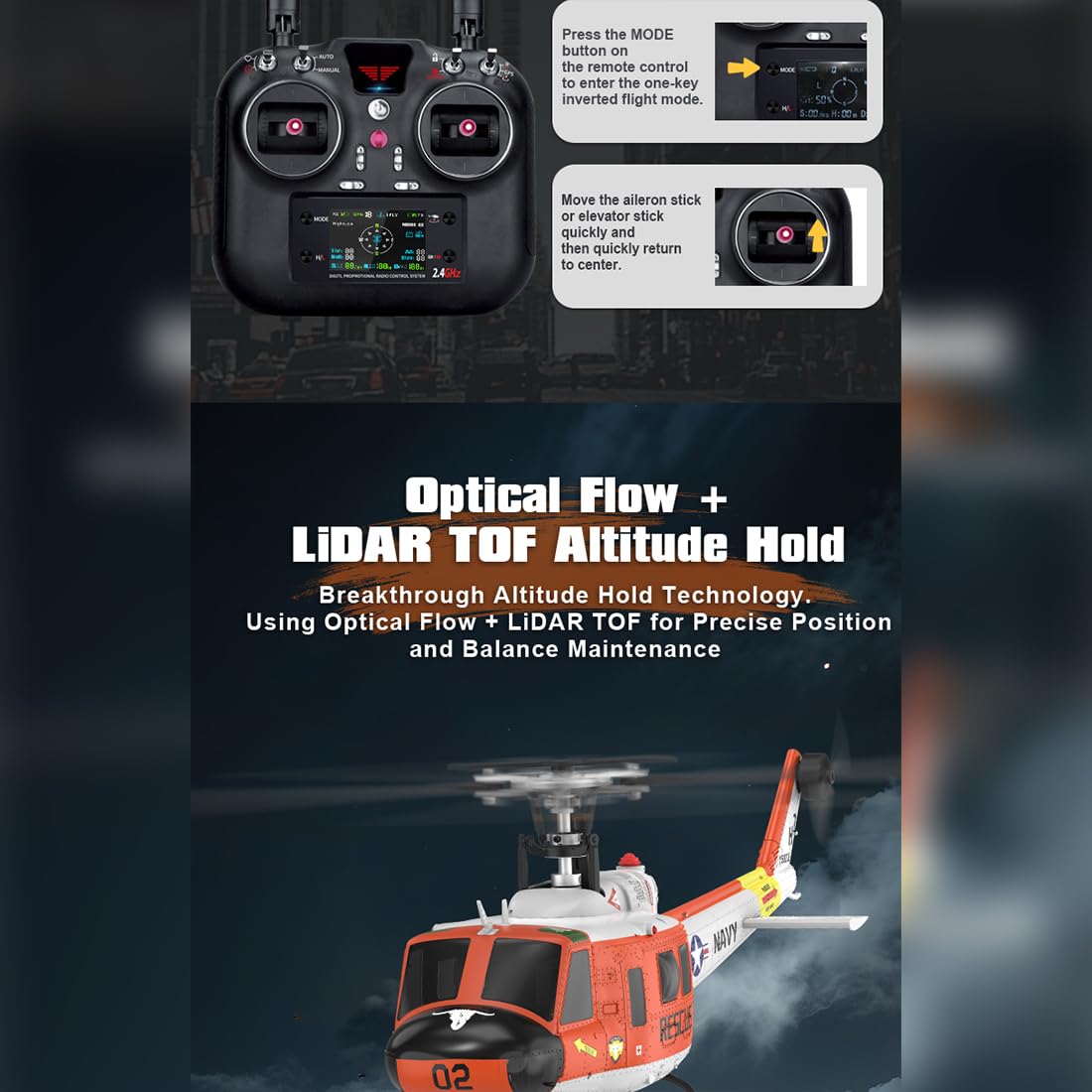 1/34 YU XIANG F07H RC Hubschrauber, 2.4G 8CH UH-1 Hueyy Ferngesteuerter Hubschrauber mit GPS Positionierung/Höhenhaltung, Brushless DD 6G Flybarless RC Flugzeug, Geschenk -RTF