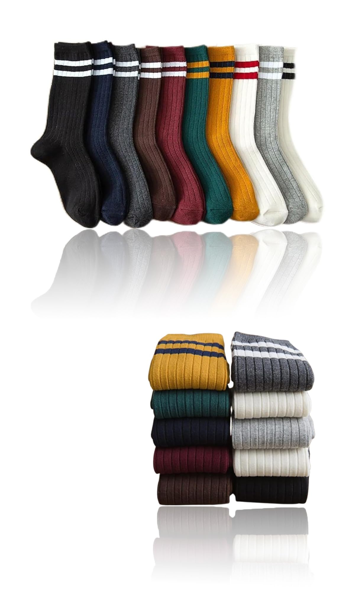 Women Striped Crew Socks - 10 Pairs Retro Long Socks for Fashion & Athletics