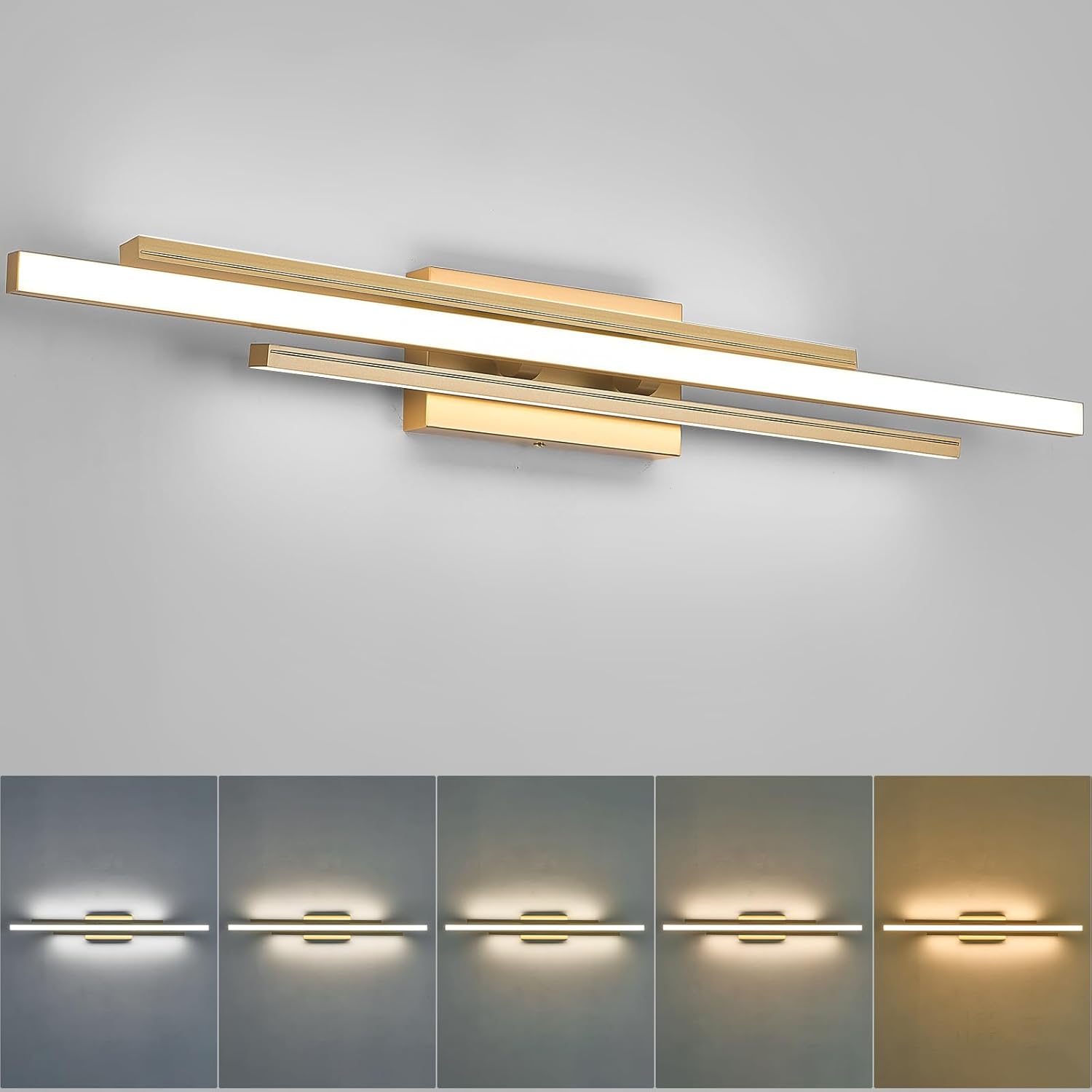 Modern Gold Vanity Light Bathroom Wall Light Fixtures Over Mirror 35 Inch Long Dimmable 3-Light LED Bathroom Wall Lighting 5CCT(3000K/3800K/4500K/5200K/6000K) 35 Inches:Gold