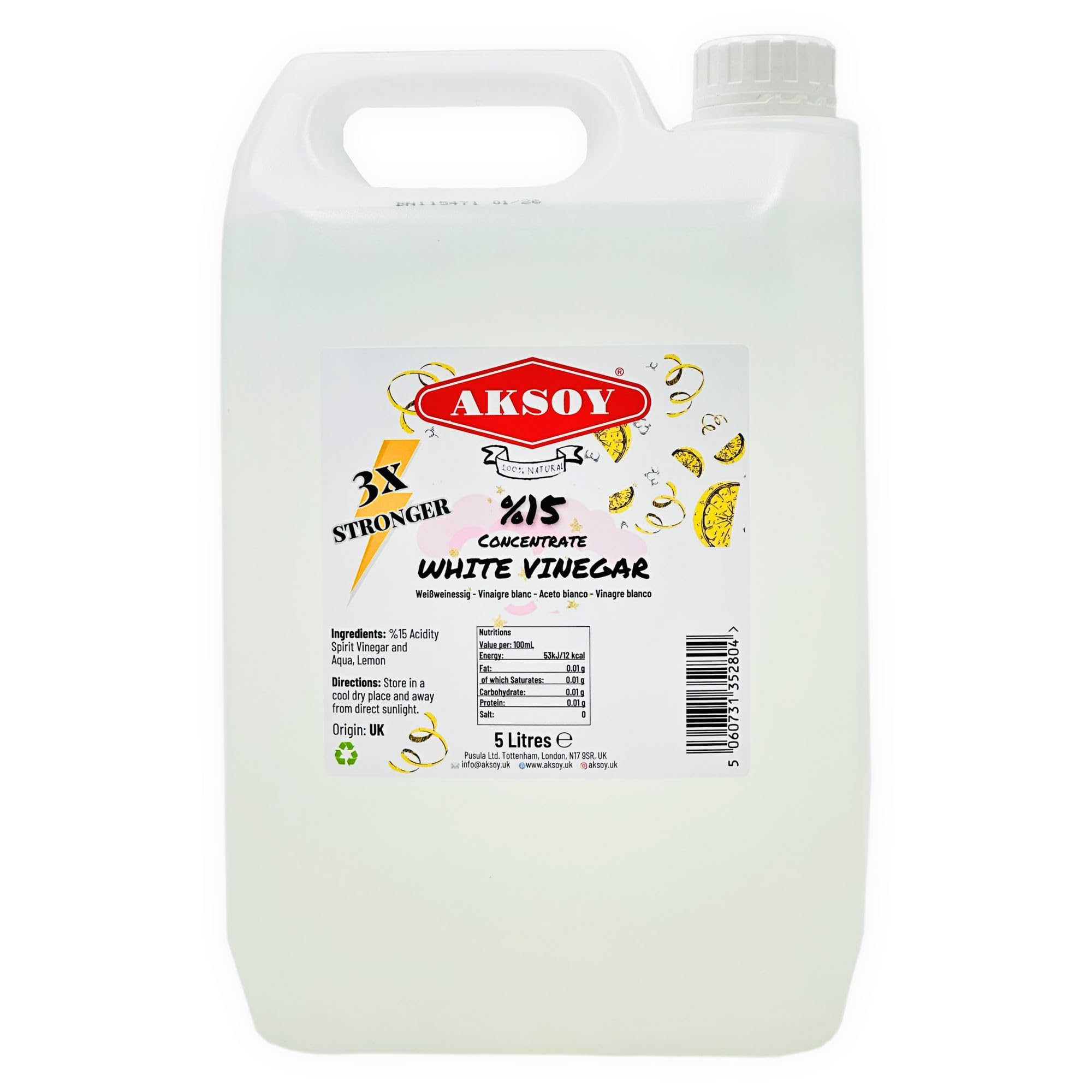 Aksoy Lemon White Vinegar 15% Concentrate 5LT | 3X Stronger Than Regular White Vinegar | Perfect for Cleaning, Tough Stains, Weed Killer, Descaling & Household Use