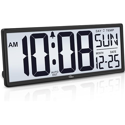 WallarGe Backlight Digital Wall Clock Battery Operated - with Temperature and Date 14.5'' Large Digital Wall Clock, Easy to Read and Set, Auto DST…
