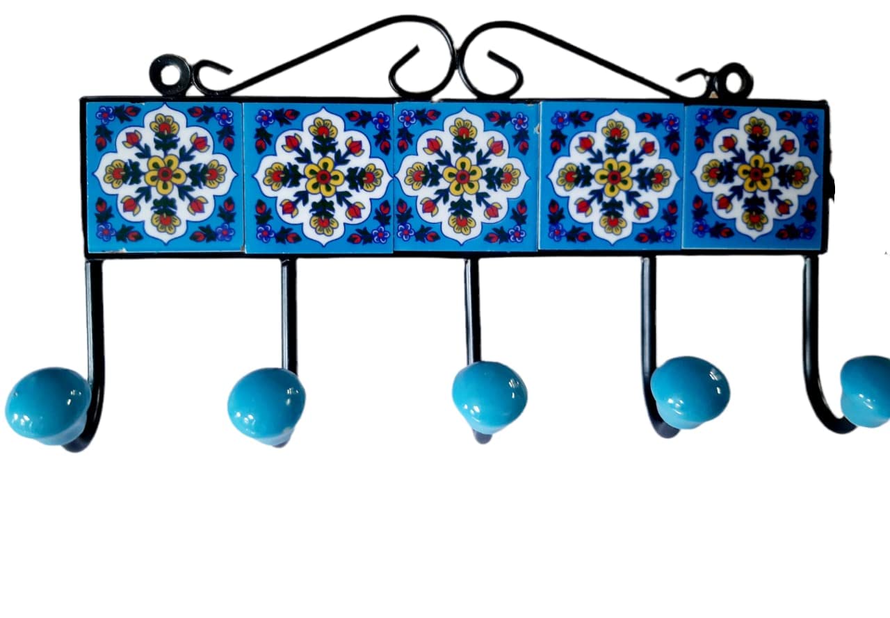 MARWAL HANDICRAFTS Blue Pottery Ceramic Tile Wall Hanger, Key Stand, Holder Ideal for Keys, Masks, Towels and More with 5 Hooks (Multicolor) 1 Pcs
