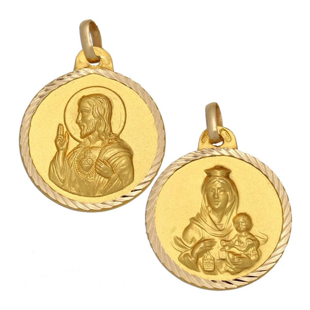 Medalla Escapulario Virgen del Carmen y Sagrado Corazón de Jesús, Plata de Ley 925 Bañada en Oro, Doble Cara con Borde Tallado, 22mm