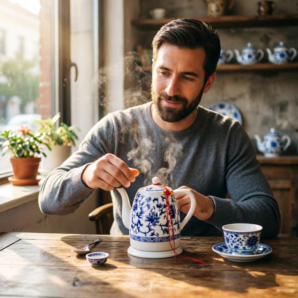 1.5L Blue-and-White porcelain kettle, made of blue-and-white porcelain, with a removable base, for rapid boiling; ideal for making tea, brewing coffee