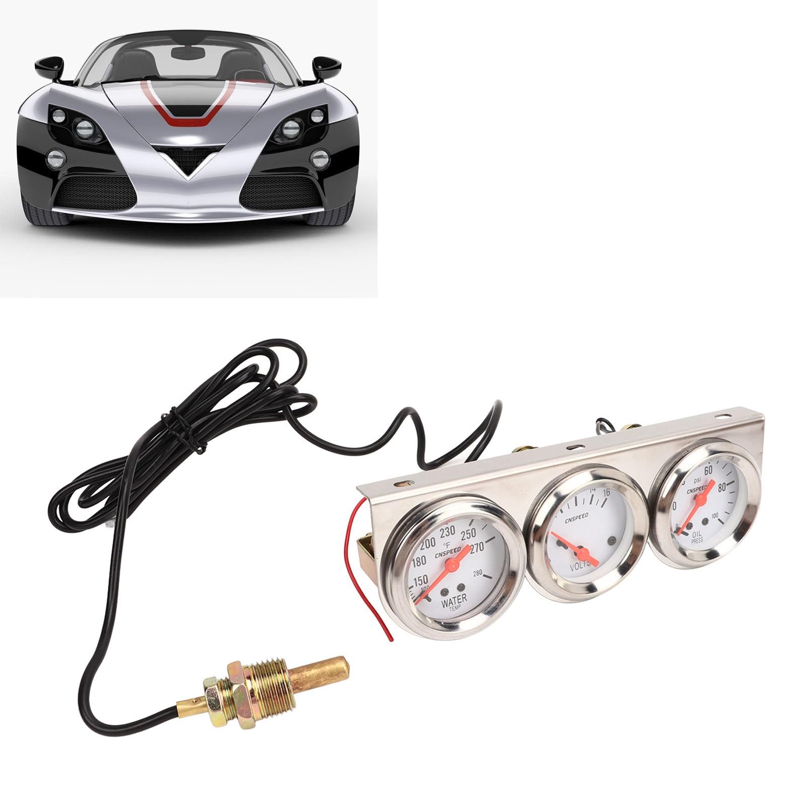 Aramox Kit de Calibre Triple para Automóvil, Kit de Calibre Triple para Automóvil de 52 Mm Esfera Blanca 12 V Presión de Aceite Voltímetro de Temperatura del Agua Medidor de