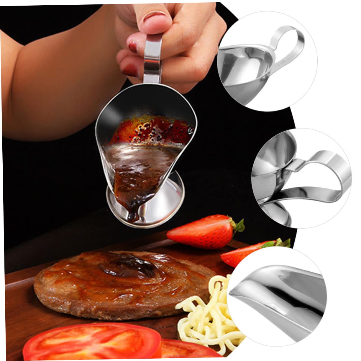OFFSCH Stainless Steel Sauce Boat Handle 3-pc Gravy Salad Dressing Set for Restaurants