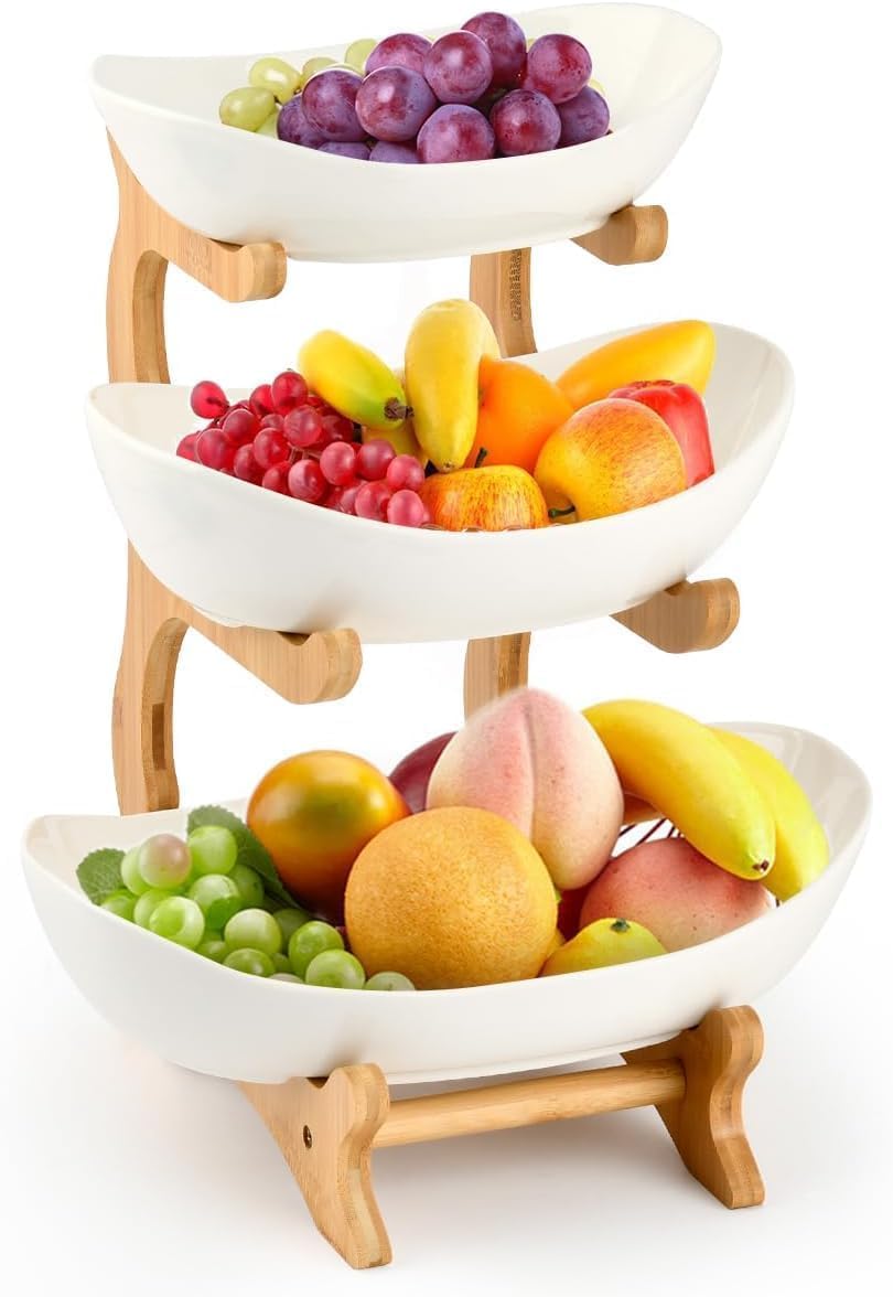 Alzata per frutta in ceramica, con 3 ripiani, piatto di frutta, 3 livelli, con supporto in bambù, piatto da portata per cucina, frutta, verdura, snack, caramelle