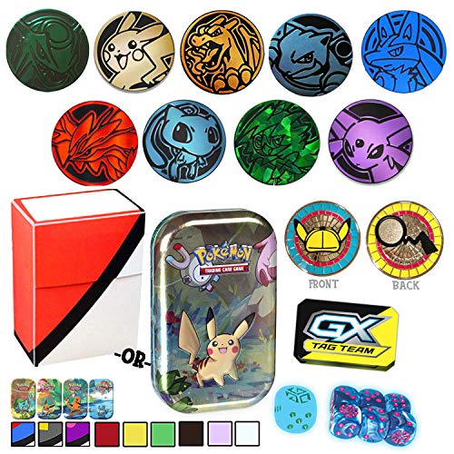 Totem World 10 Official Collectible Plastic TCG Coins Counter Marker & Dice Set with a Totem Deck Box or Storage Tin - No Duplicates - Perfect for Pokemon Fan Collectors