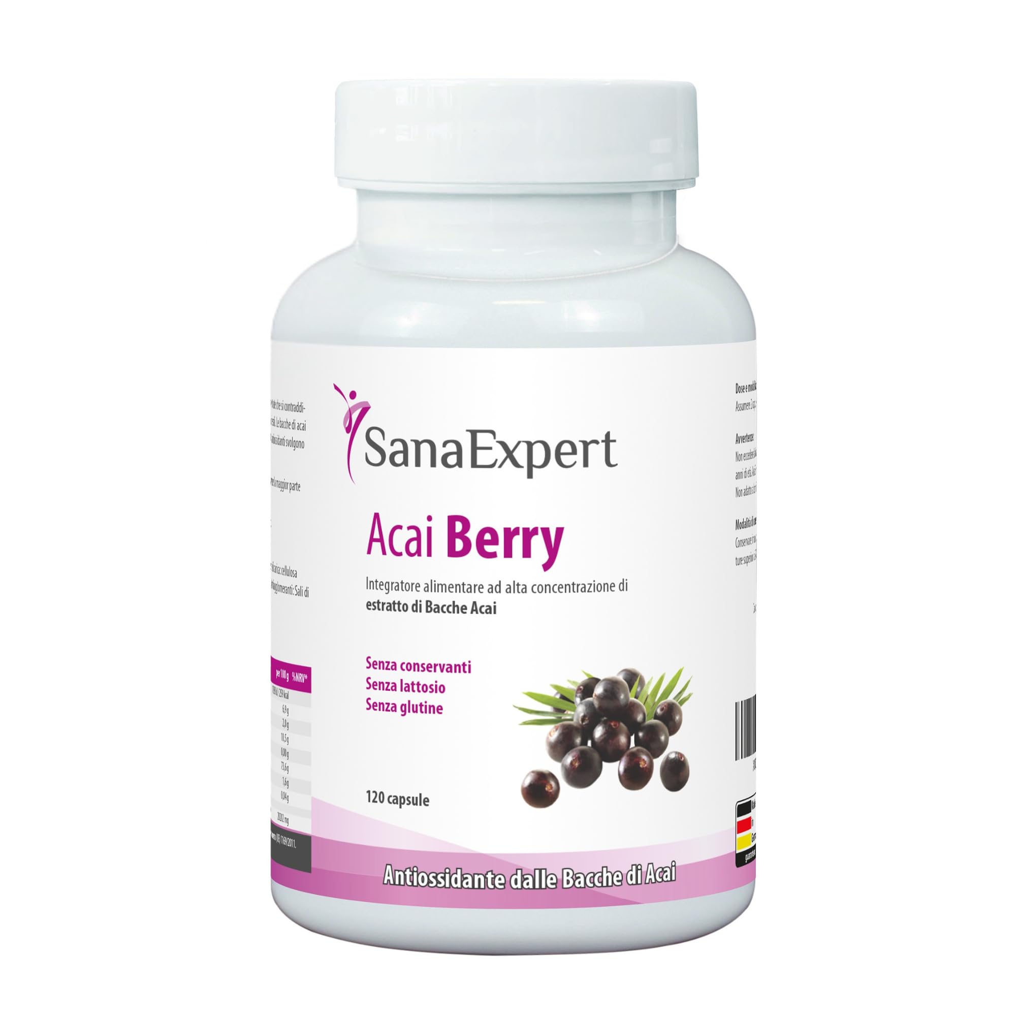 SanaExpert Acai Berry - Integratore Alimentare Naturale con Estratto Puro di Açaí - Ricco di Antiossidanti - Adatto ai Vegani, Senza Glutine, Senza Lattosio - 120 Capsule - Prodotto in Germania