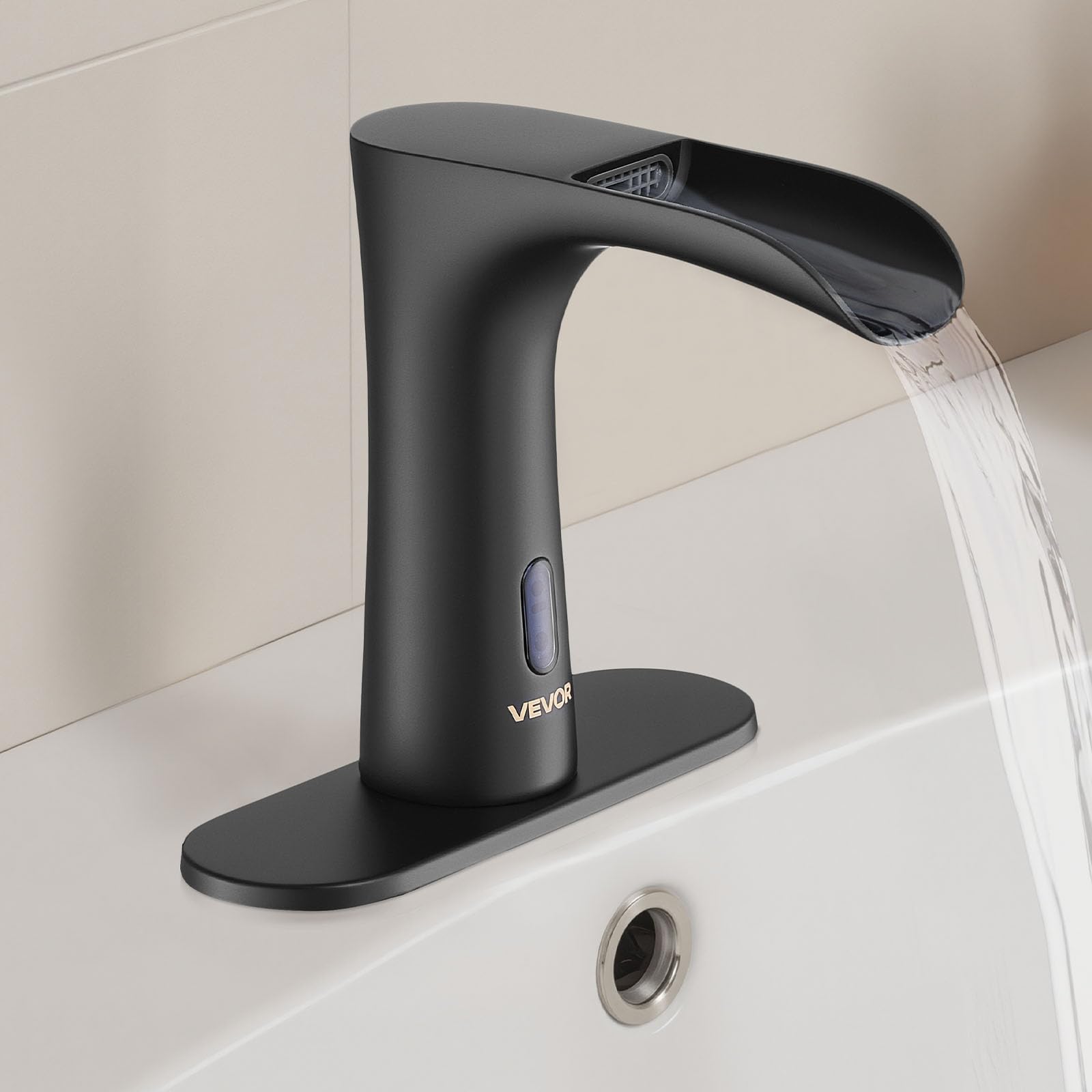 VEVOR Grifo de Lavabo Automático sin Contacto para Baño, Latón, con Sensor y Tapa, Grifo a Pilas, Cascada Semi-Cerrada, Recubrimiento Electroforético, 7,6 L/min, Negro Mate, 160 x 62 x 145 mm