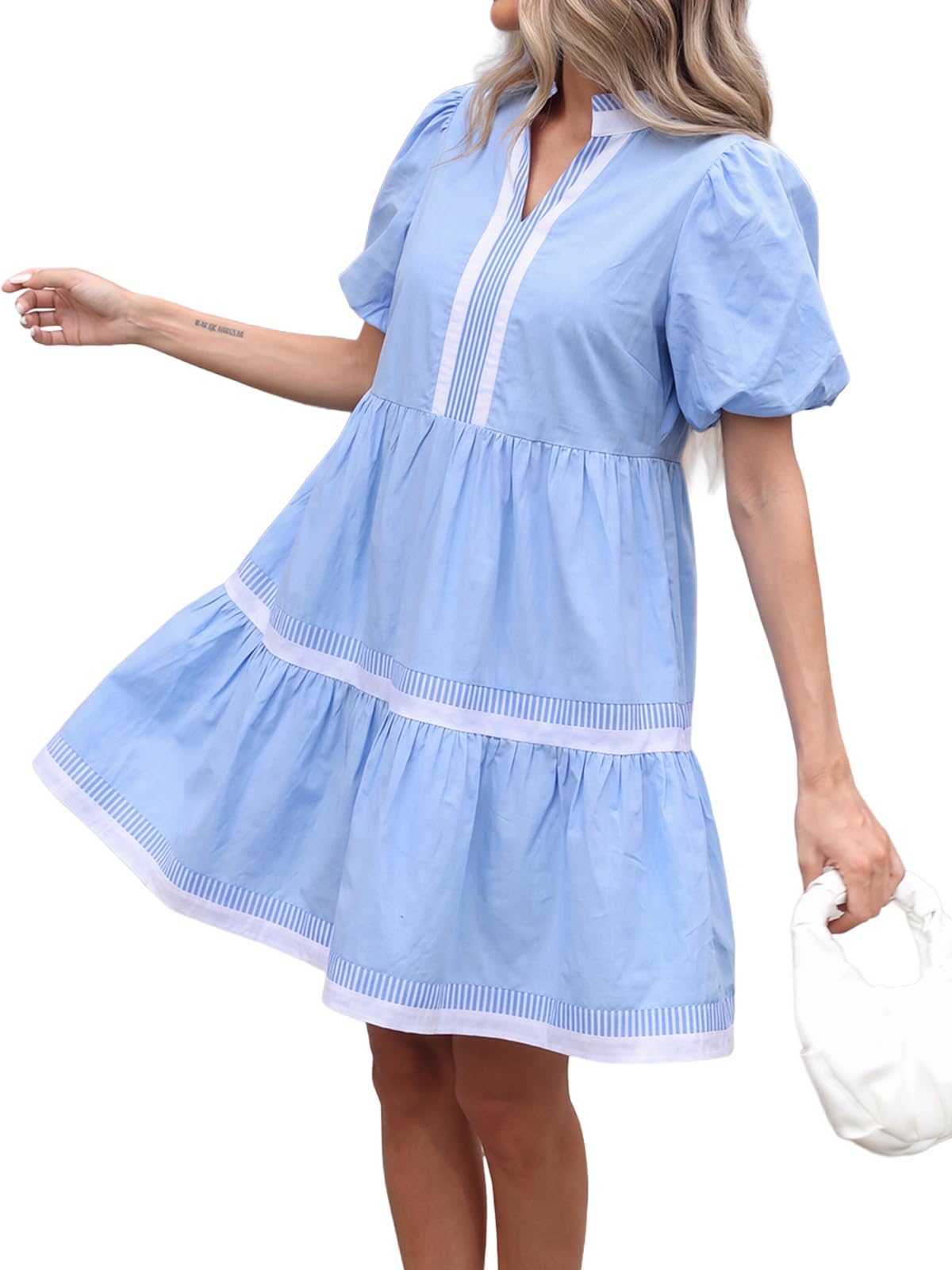 LifeShe Womens Puff Sleeve Babydoll Dress V Neck Navy Blue Striped Color Block Tiered Mini Dresses
