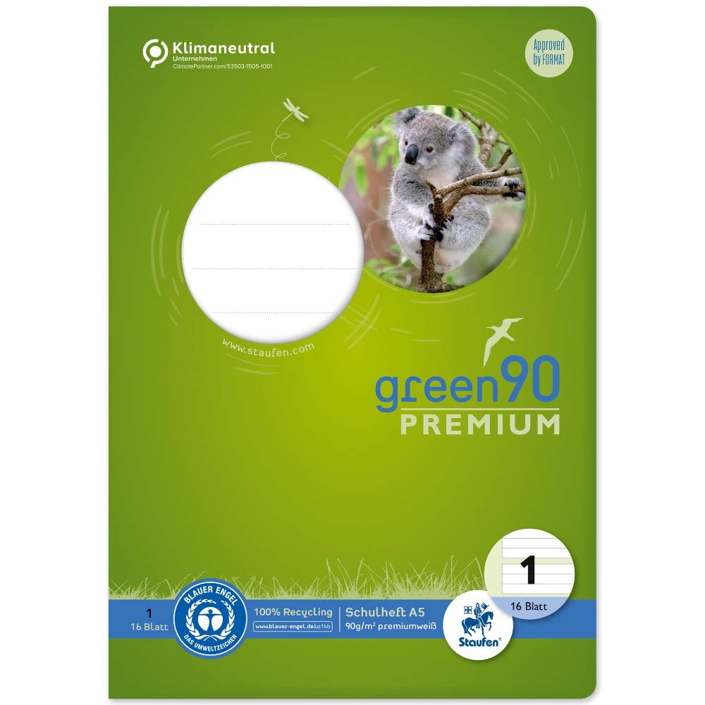 Staufen Green learning to write book, DIN A5, line type 1 (5/5/5 mm lined, coloured ruled ruling), 16 sheets, premium white 90 g/m² recycled paper, round corners prevent "donkey ears", 1 piece