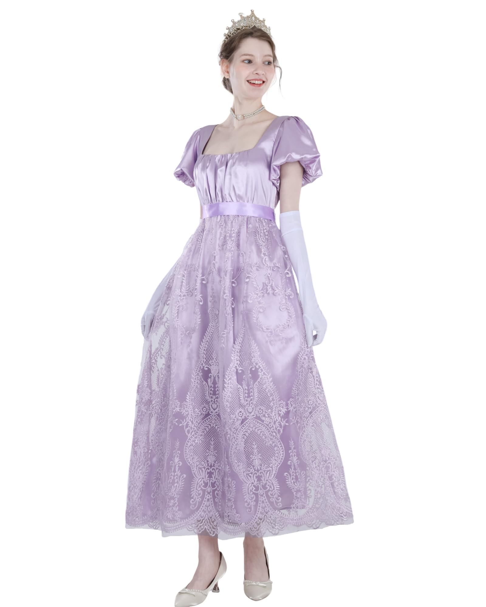 Abito da donna Regency con maniche a sbuffo, stile impero, vintage vittoriano, con ricamo a rete, abito da tè con guanti