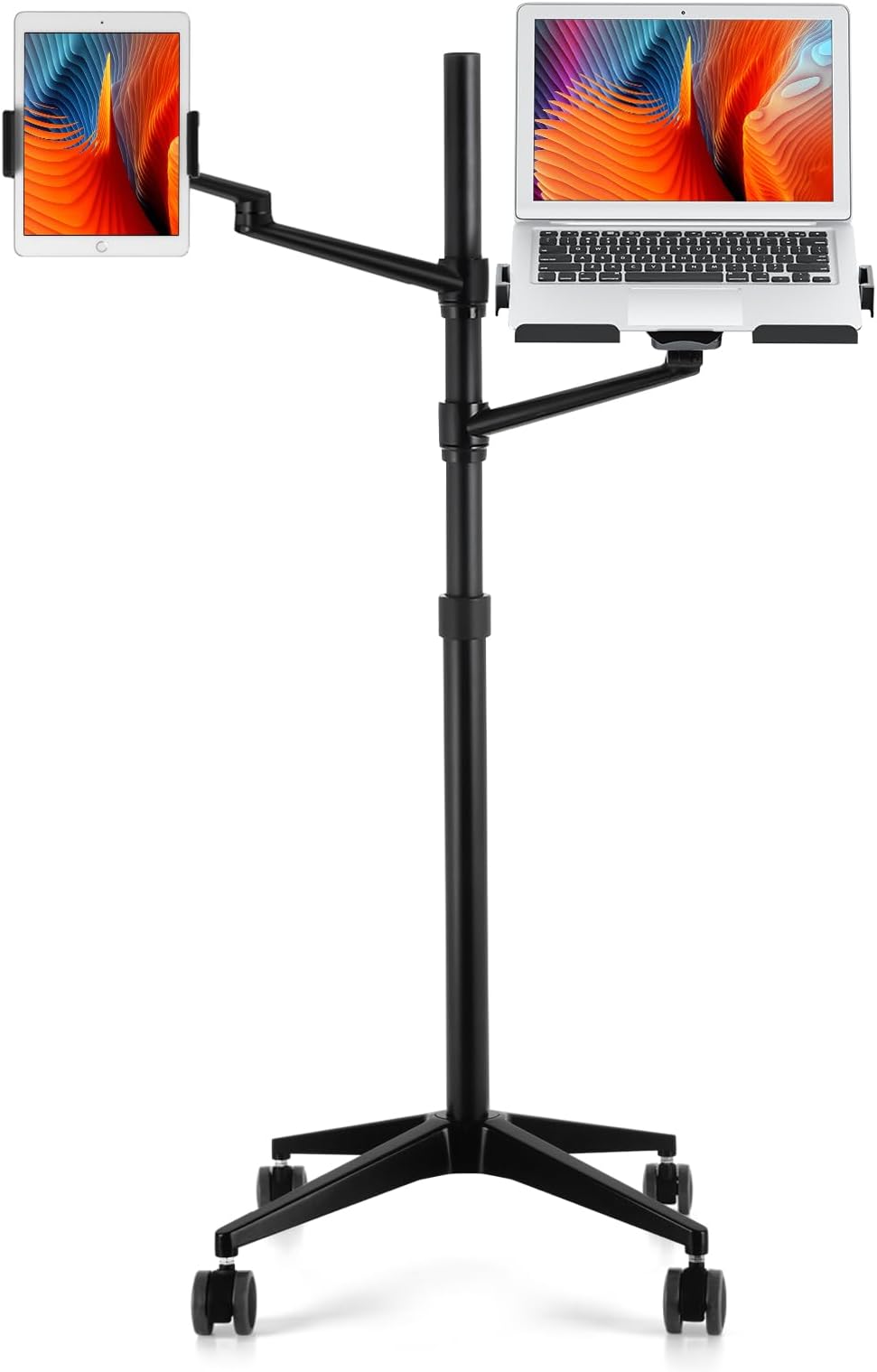 viozon Tablet and Laptop Floor Stand, 2-in-1 Rolling Adjustable Dual arm, Compatible with 4.5~13'' Phone and Tablet Compatible with iPhone, iPad Pro, iPad, Extra Tray Fits 12 to 17'' Laptop/Notebook(B