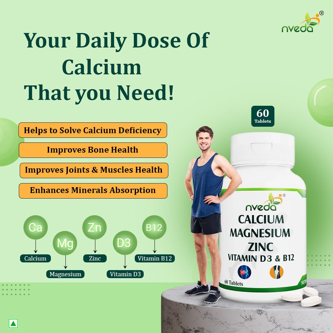 Nveda Calcium Supplement 1,000 mg with Vitamin D,Magnesium,Zinc & Vitamin B 12 For Unisex/For Immunity,Bone & Joint Support - 60 Tablets, 100 grams Nveda Calcium Supplement 1,000 mg with Vitamin D,Magnesium,Zinc & Vitamin B 12 For Unisex/For Immunity,Bone & Joint Support - 60 Tablets, 100 grams