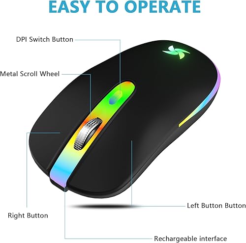 Miniatura 6 de HZD Wireless Mouse, Rechargeable Mouse 2.4G Portable Optical Office Mouse with USB Receiver, Slim Silent LED Mouse with 3 Adjustable DPI Levels for