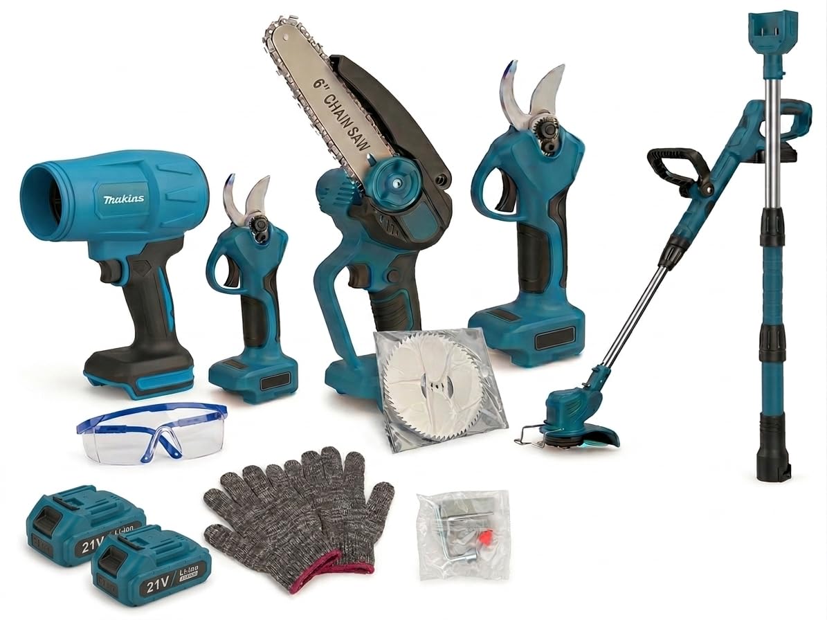 Kit Potatura a Batteria con Asta Telescopica Professionale 21V, Mini Motosega 6", Forbici Cesoie Elettriche, Soffiatore, Decespugliatore - Motore Brushless, 2 Batterie, Accessori Inclusi