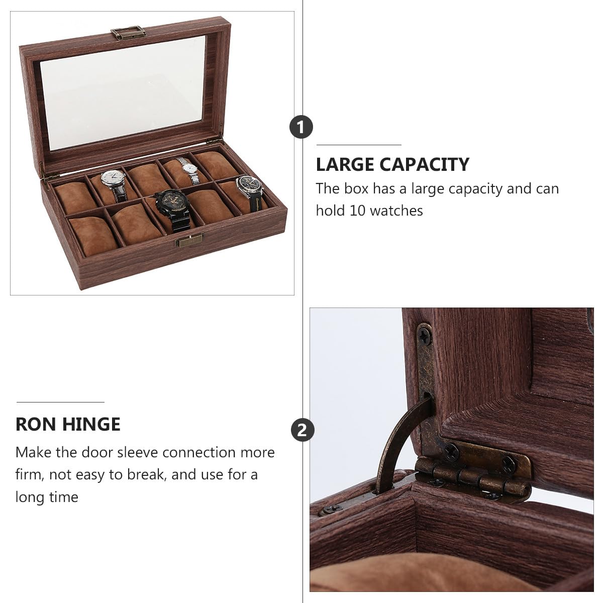 Scatola Porta Orologi in Pelle Pu e Legno 10 Scomparti Separati, Copertura Trasparente in Vetro, Organizer Elegante per Orologi e Gioielli Adatto a Uso Personale