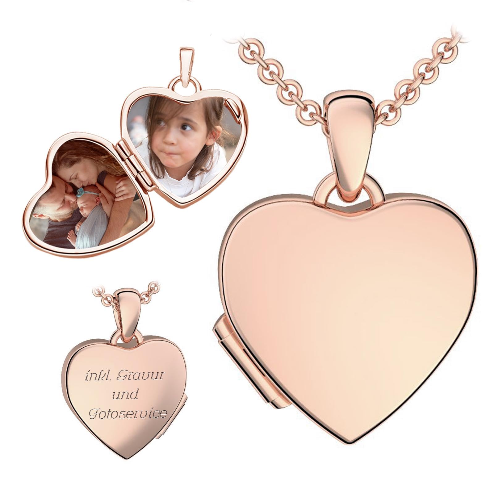 Kinder Medaillon Herz zum Öffnen für Bilder in Silber 925 und vergoldet | Gold / Rosegold, von AMOONIC, Halskette Mädchen Kette 38cm, Foto Upload Service & Gravur, Schmuck Geschenk für Kinder