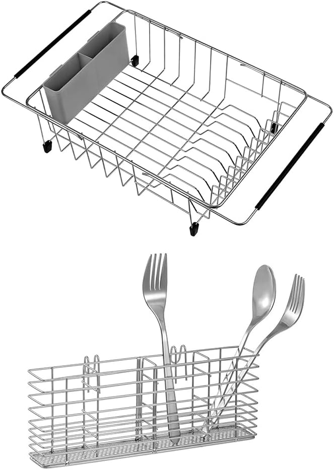 SANNO Expandable Dish Drying Rack Sink Dishes Drainer Stainless Steel Utensil