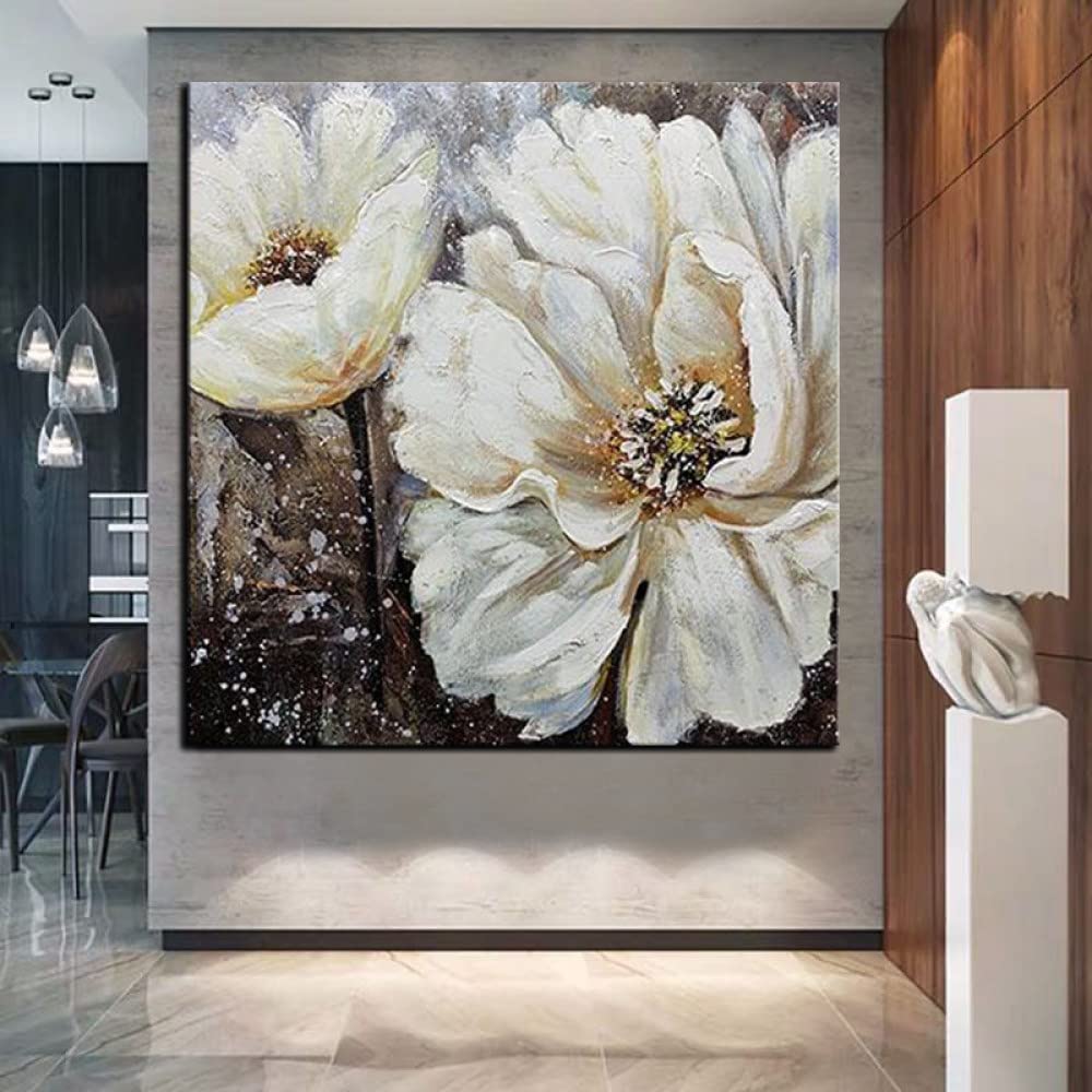 Tableau fleurs blanches abstrait rétro pour salon moderne et décoration de chambre chaleureuse