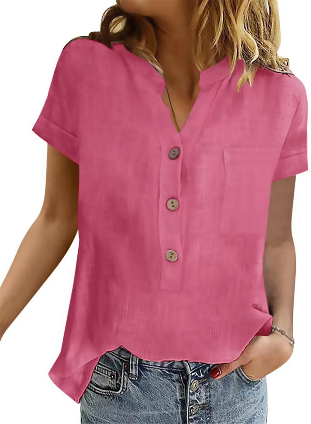 YUTILA Camicia da donna a maniche corte in lino Henley Estate con tasche sul petto