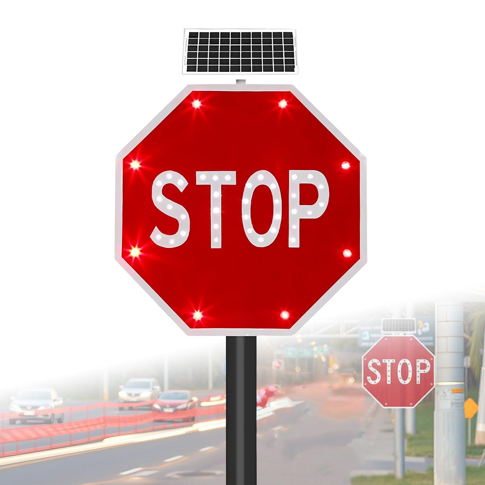 Señal De Tráfico Solar LED, Señal De Stop Impermeable IP65, Cartel De Seguridad Vial 24"/32" para Carreteras Y Obras 24in