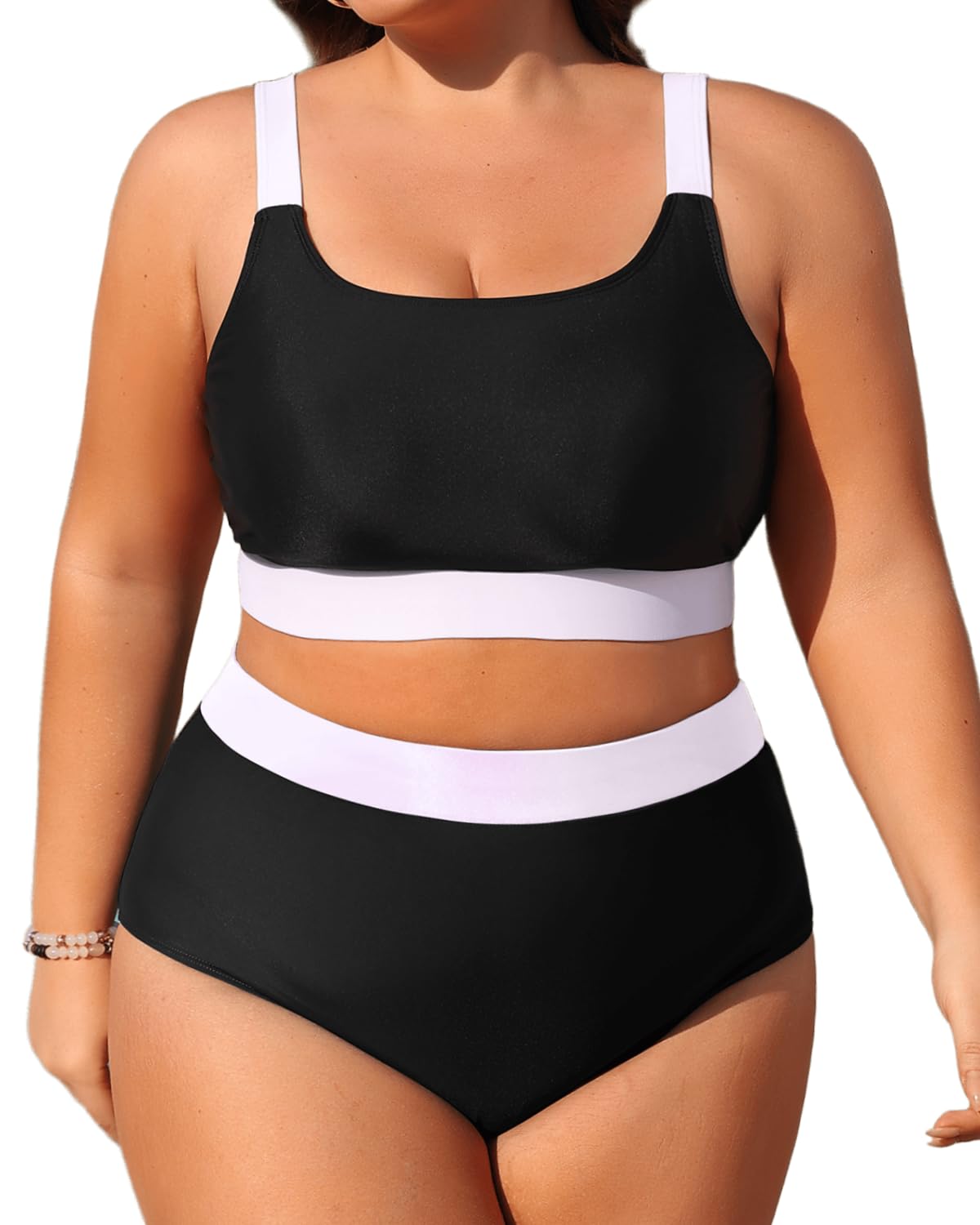 Daci Plus Size Two Piece Swimsuit High Waisted Bikini Set Sport Scoop Neck Swimsuit Full Coverage Bathing Suit