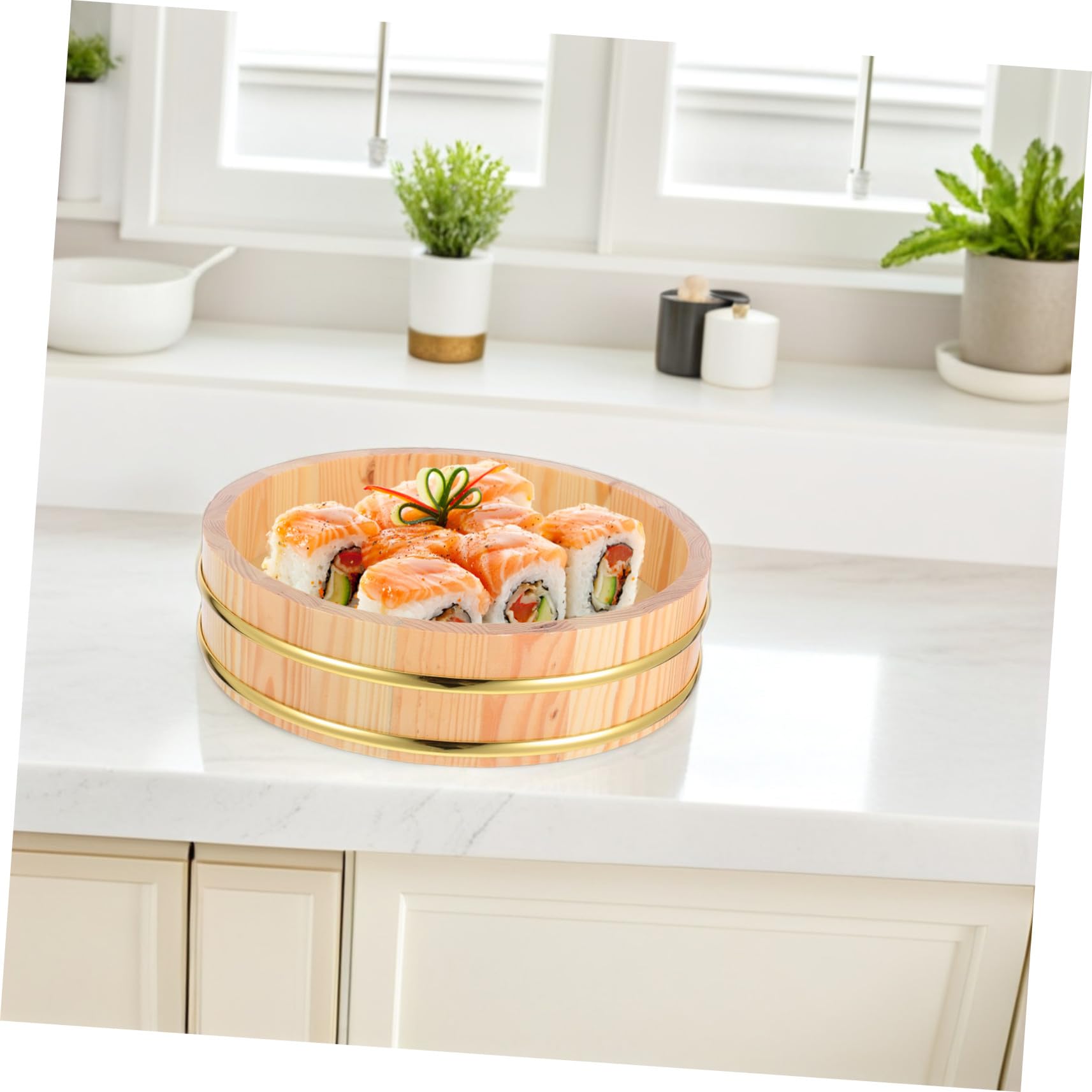 TOYANDONA Traditionelle Sushi-Reis-Mischwanne Aus Holz Mit Elegantem Goldrand 10.43In Japanische Hangiri-Schüssel Für Sushi-Zubereitung Und Küchengebrauch