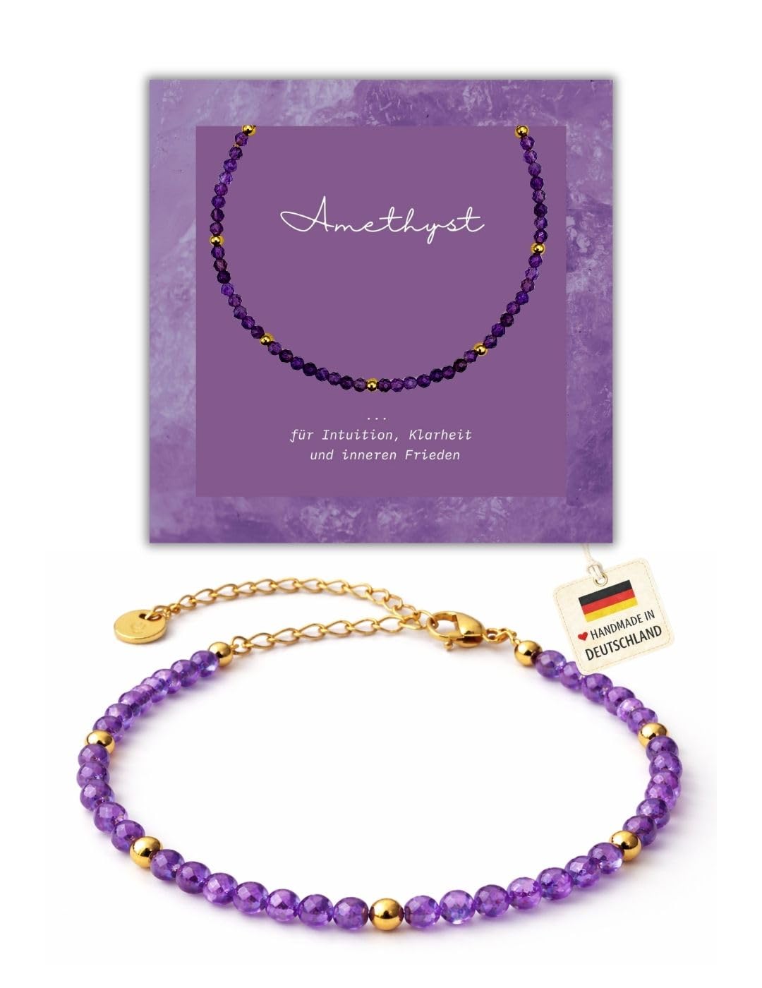 happymaker - Bracciale donna con Ametista, pietra naturale viola, perline e chiusura in acciaio inox placcato oro 18k, pietra di nascita febbraio, fatto a mano in Germania, confezione regalo