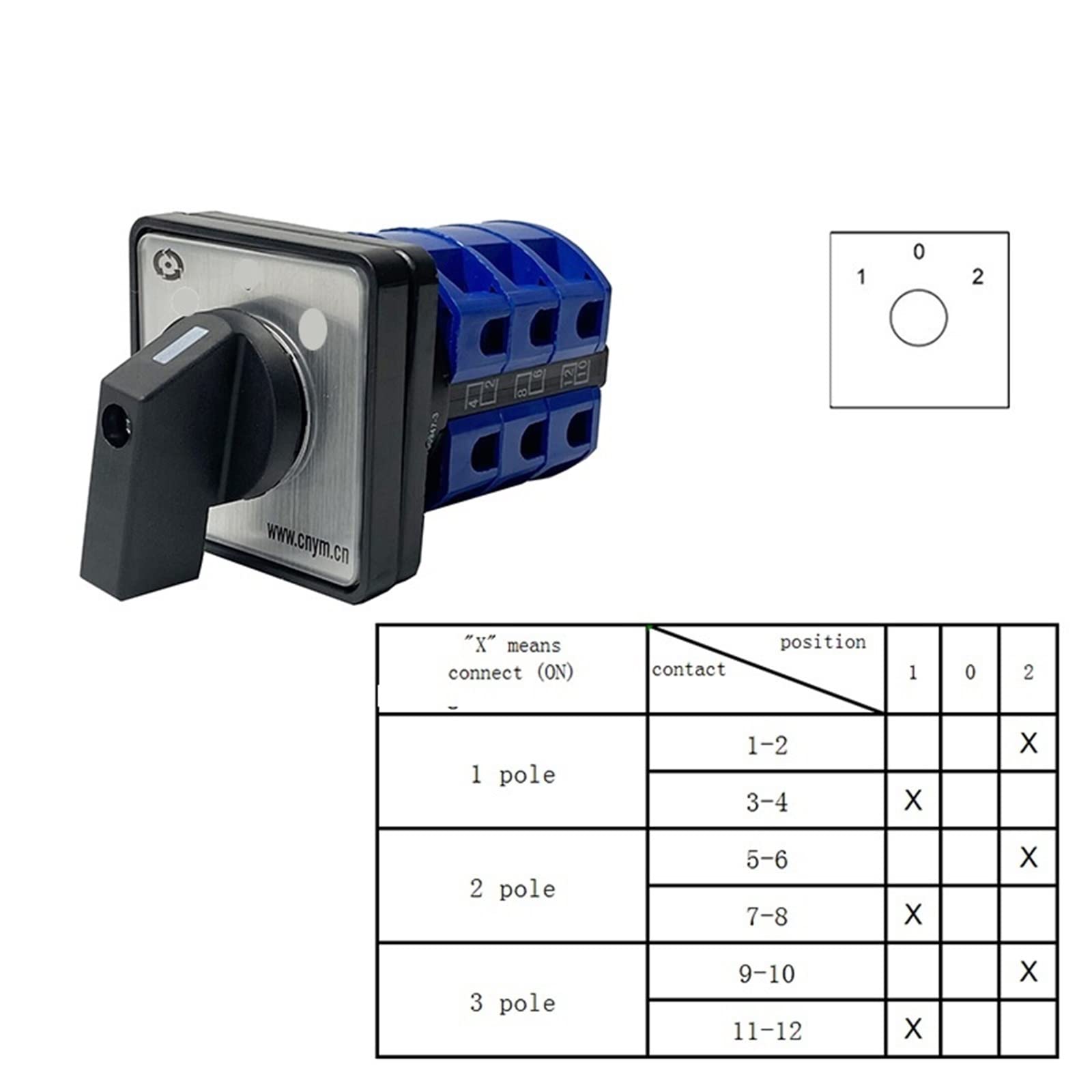 Commutatore rotativo 25A a tre posizioni 690V 3 poli 12 terminali selettore manuale contatto argento YMW26-25/3 1 pz (Color : 102)
