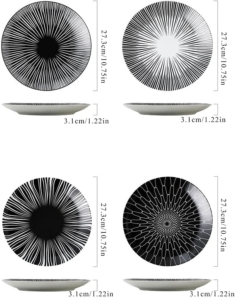 トレイ10インチセラミックデザートプレート黒と白の縞模様のディナープレートサラダパスタステーキとスナックサービングプレート料理（ラウ