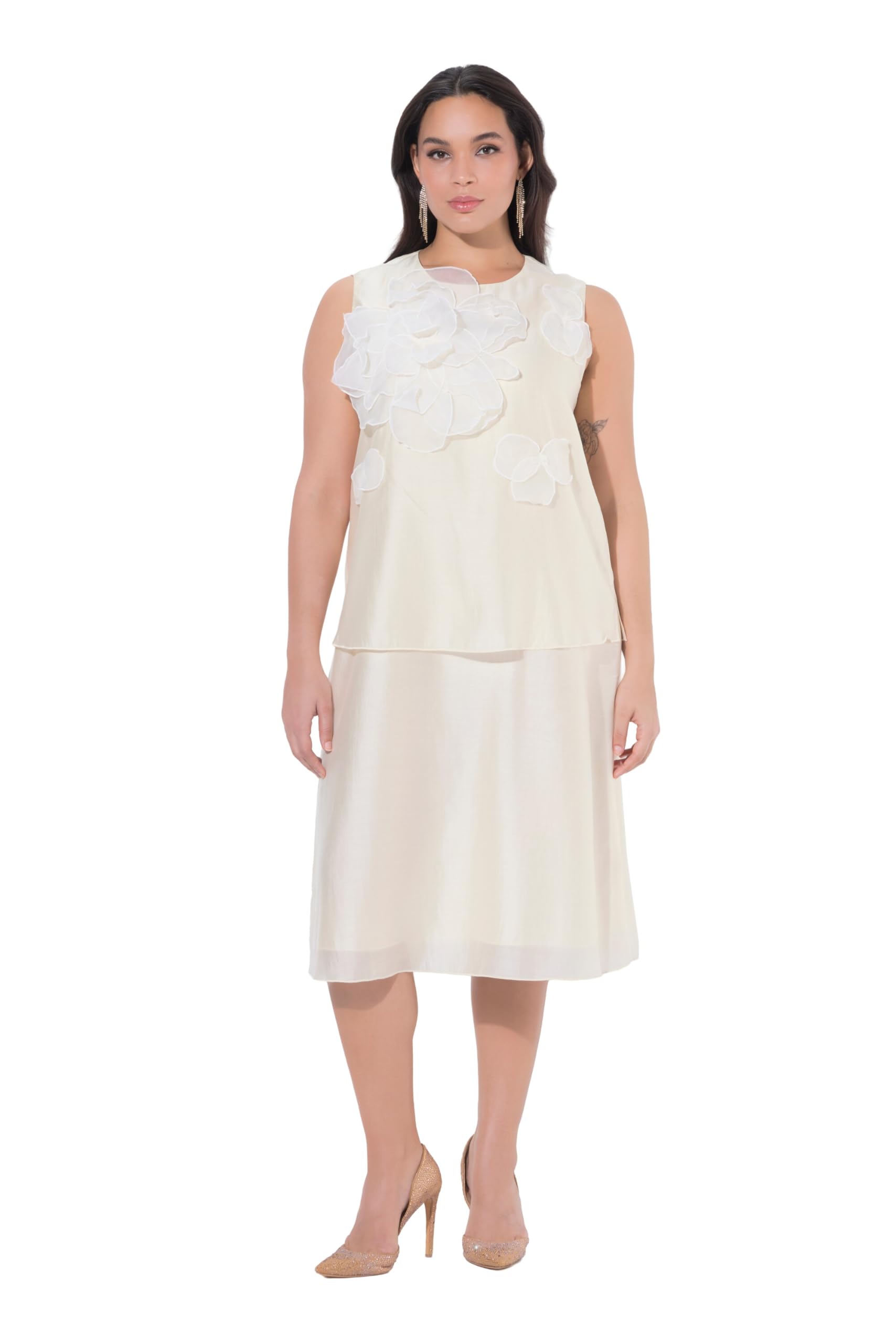 Ulla Popken Damen große Größen Übergrößen Plus Size Chiffon-Midikleid, Blüten-Applikation, Rundhals, ärmellos 847918