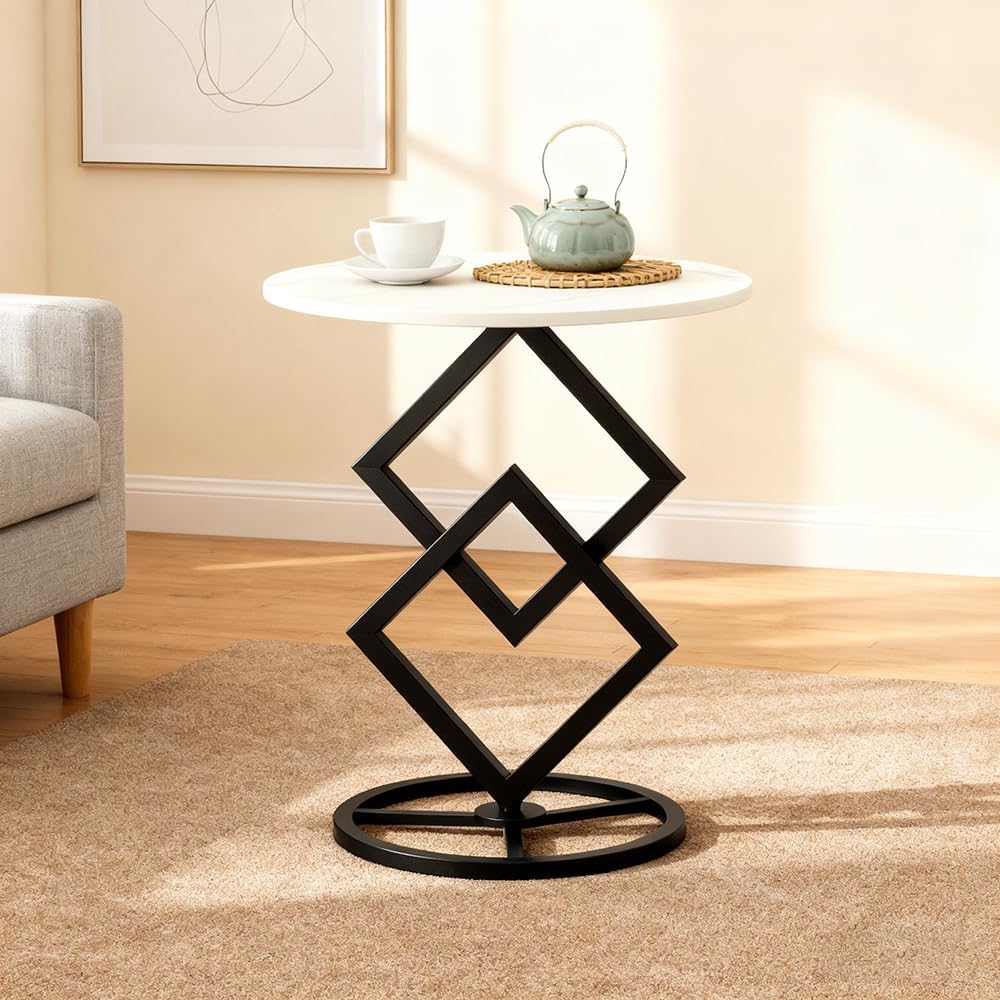 Boho Round Side Table Living Room, Luxurious Marble Desktop end Tables with Simple Aesthetic Metal Base, Modern Decor Bedside nightstand Coffee Snack Table for Bedroom Sofa Patio Balcony