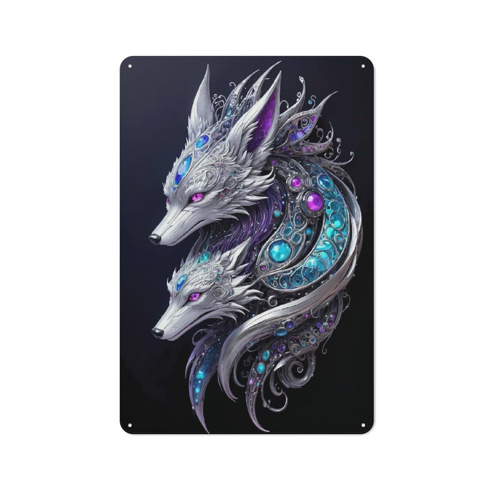 Junmoney Style Tin Wall Plaque 30X20cm With Dual Spirit Foxes For Garage Wall, Suited To People Furnishing A Garage