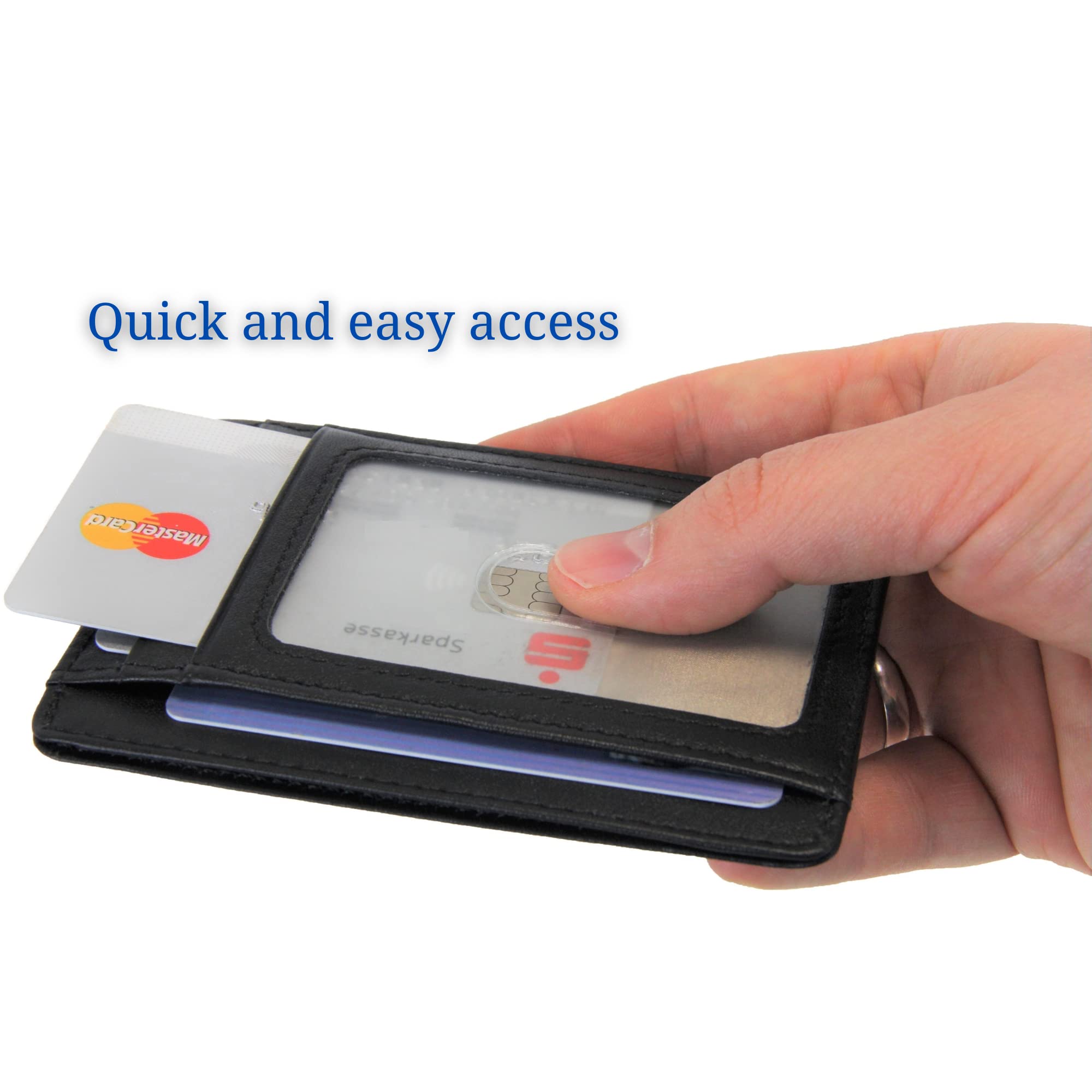 Frentree® Etui na karty ze skóry, bardzo cienkie, z ochroną RFID i okienkiem, minimalistyczna portmonetka na karty płatnicze i banknoty, czarny, Onesize, Minimalistyczny