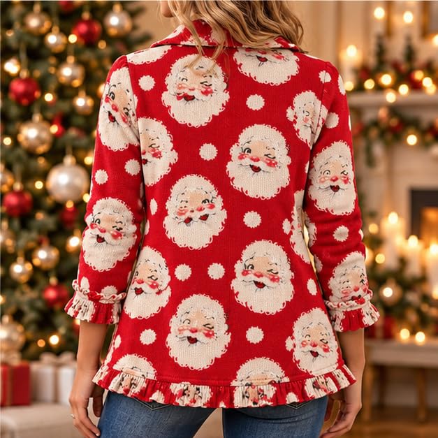 Christmas Jacket For Women Open Front Ruffle Trim Button Down Peplum Coat - image 3