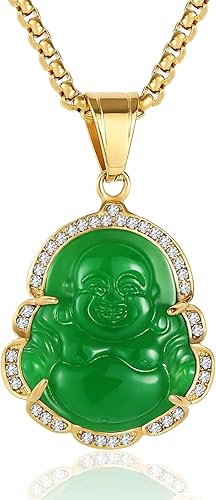 P.BLAKE Laughing Buddha Buddah Necklaces For Women Men, Ice Out Buddha Pendant For Men Women with Stainless Steel Gold Chain 24 inches