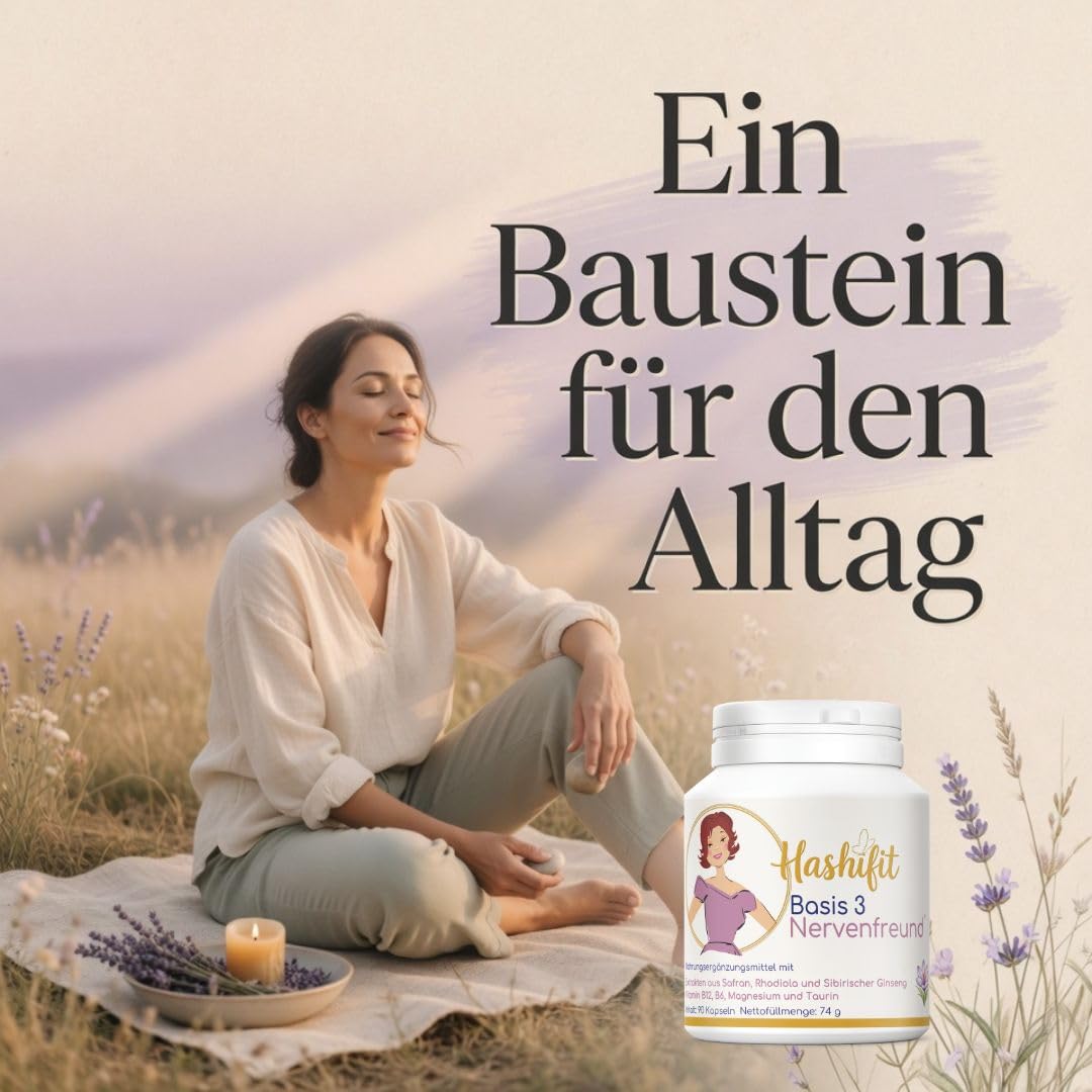 Basis 3 Nervenfreund Adaptogene Komplex: L-Theanin Rhodiola Safran | Inositol & Sibirischer Ginseng Magnesium & Vitamin B6, B12 für Nervensystem & Psyche 90 Kapseln