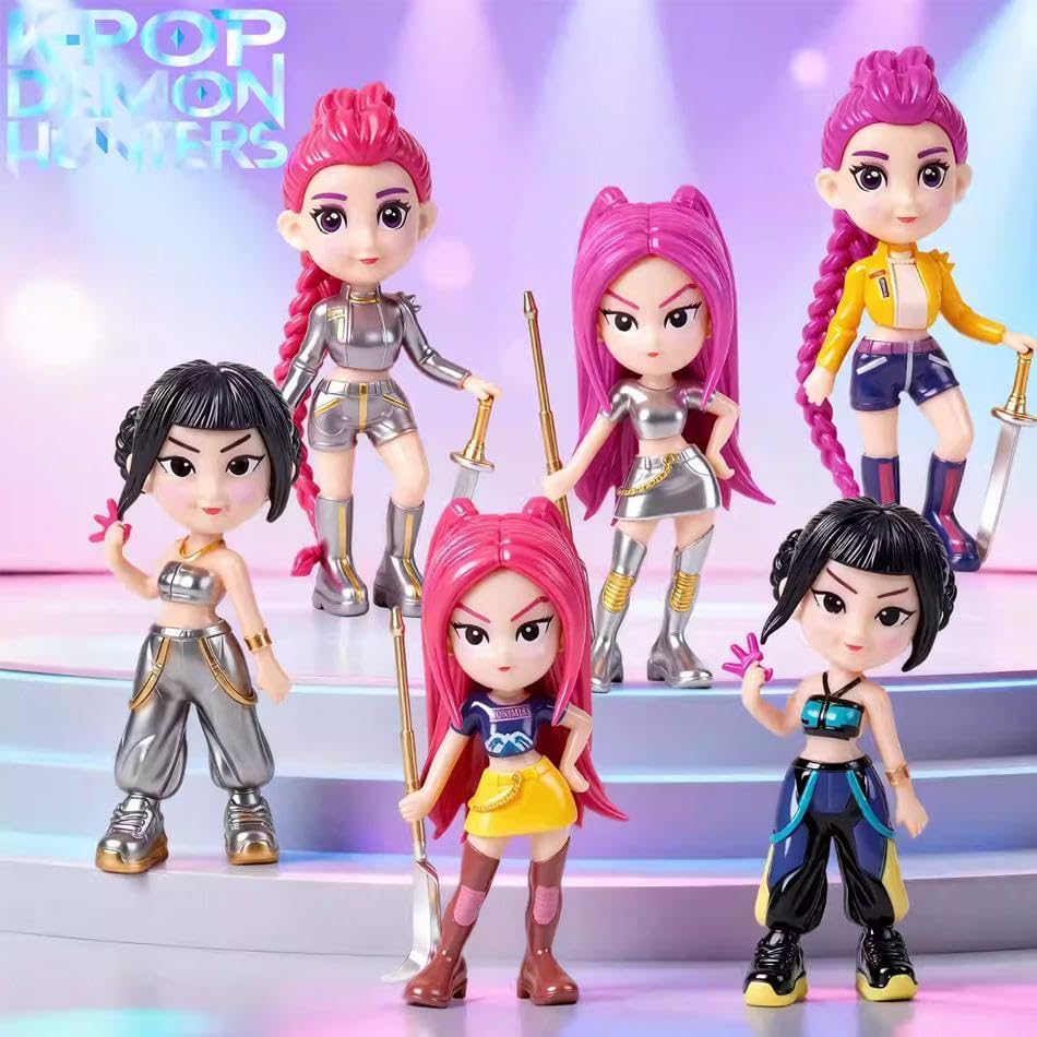 Image of Awestuffs K-POP Demon Action Figures Set of 6 | K-Pop Style Dolls with Unique Outfits & Hair, Desk Decor Figurines, Collectible Toy Set