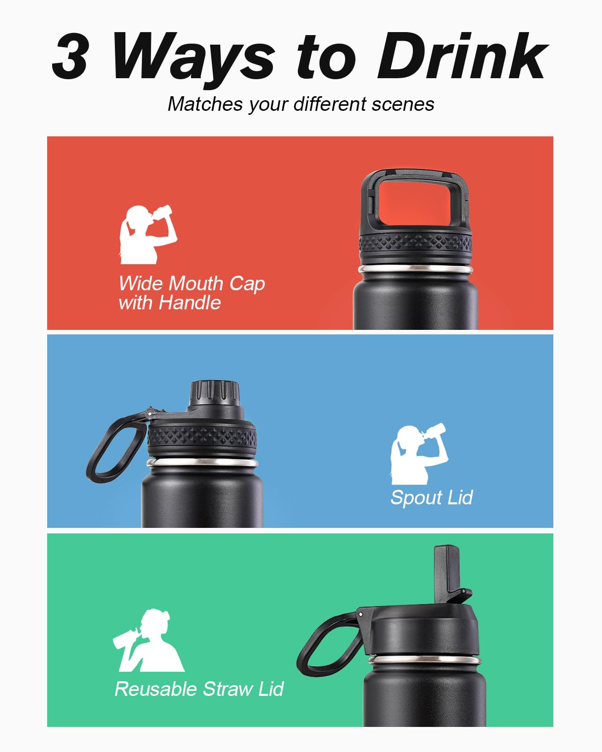 Coolflask Borraccia termica da 590 ml, con cannuccia, in acciaio inox, con 3 coperchi, imboccatura larga, per sport o ufficio, senza BPA, mantiene il freddo fino a 48 ore o caldo fino a 24 ore, colore