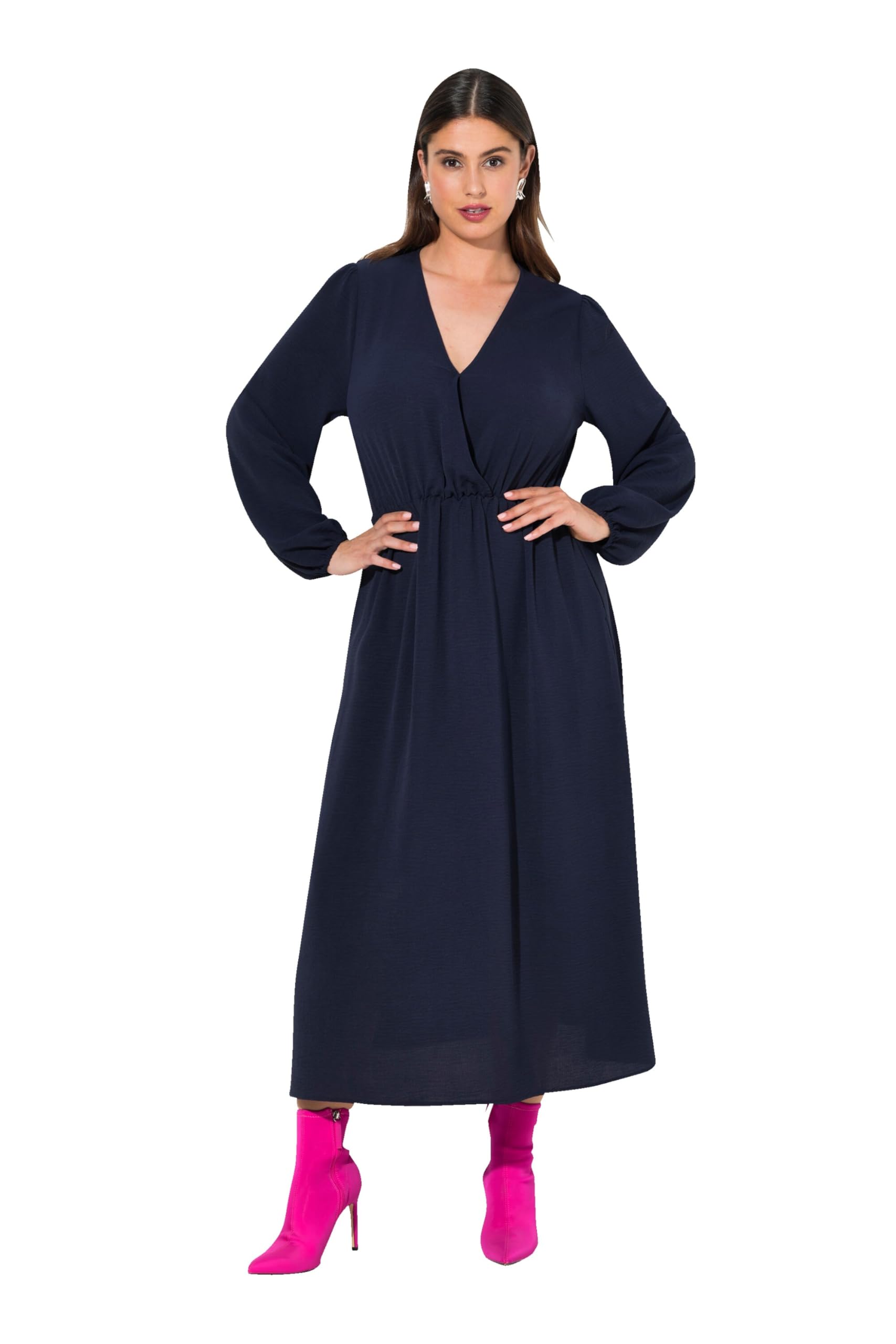 Ulla Popken Damen große Größen Übergrößen Plus Size Midikleid, Wickeloptik, A-Linie, V-Ausschnitt, Langarm 832645