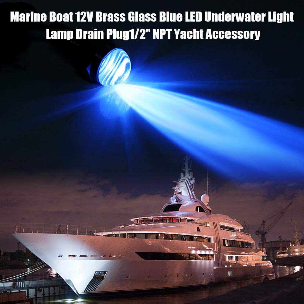 EVGATSAUTO Lampe LED Sous-Marine pour Bateau, Laiton et Verre, Bleu, 12V, 840lm, Câble 1,2m, Bouchon de Vidange NPT 1/2