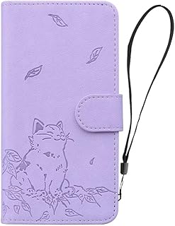 Funda para iPhone 16e, funda tipo libro para iPhone 16e, diseño de gato persa, con pinza para dinero, cierre magnético, tarjetero, función atril, piel sintética, color amarillo y morado