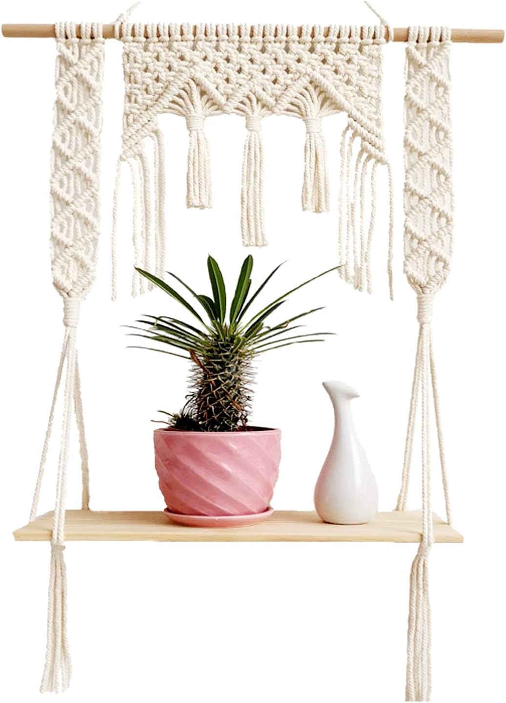 Bohemia Macrame Rope Woven Rustic Floating Wood Shelf Tapestry Tassel Wall Hanging Book Rack Art Handmade Craft
