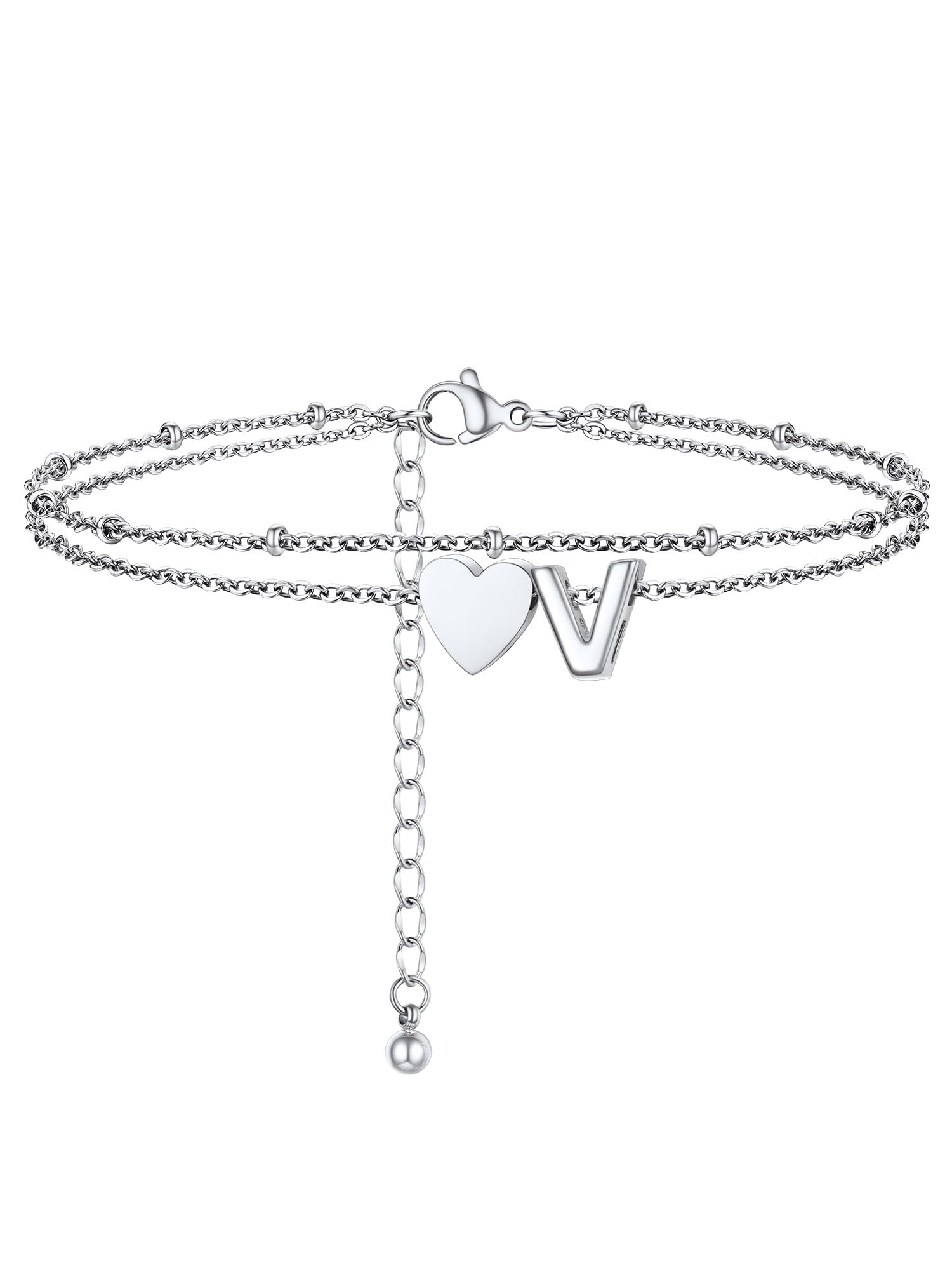 PROSTEEL A-Z Cavigliera a Doppio Strato Cavigliere Argento Cuore Iniziale Alfabeto Braccialetto Donna Resistente al Sudore e alla Corrosione 22+5 CM Cavigliere Ragazza