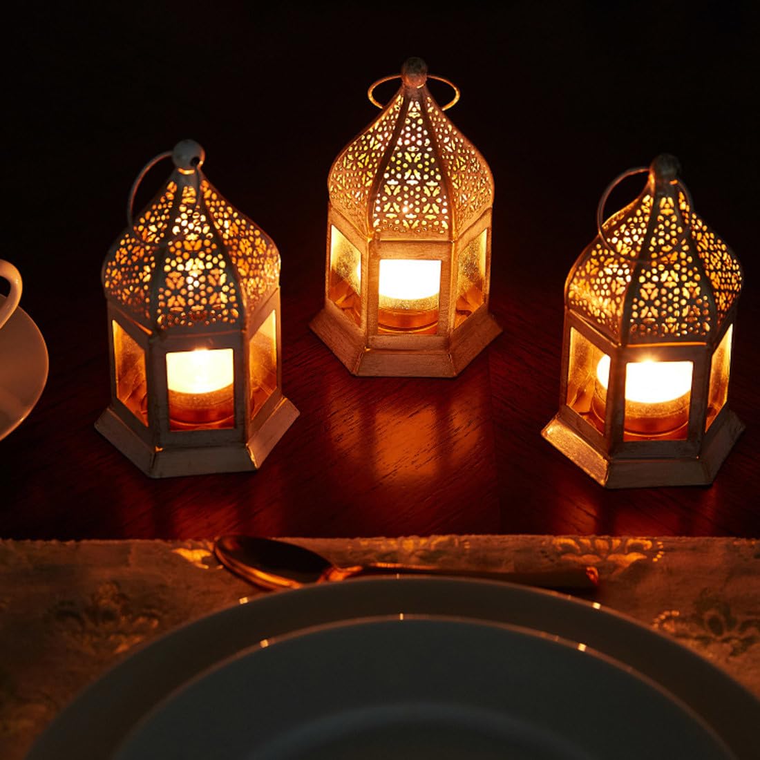 Set 5 Lanterne Orientali Faiha In Metallo E Vetro, 14 Cm Altezza, Grigio Antico Con Vetri Colorati (viola, Arancione, Verde, Turchese, Blu), Per Interni Ed Esterni
