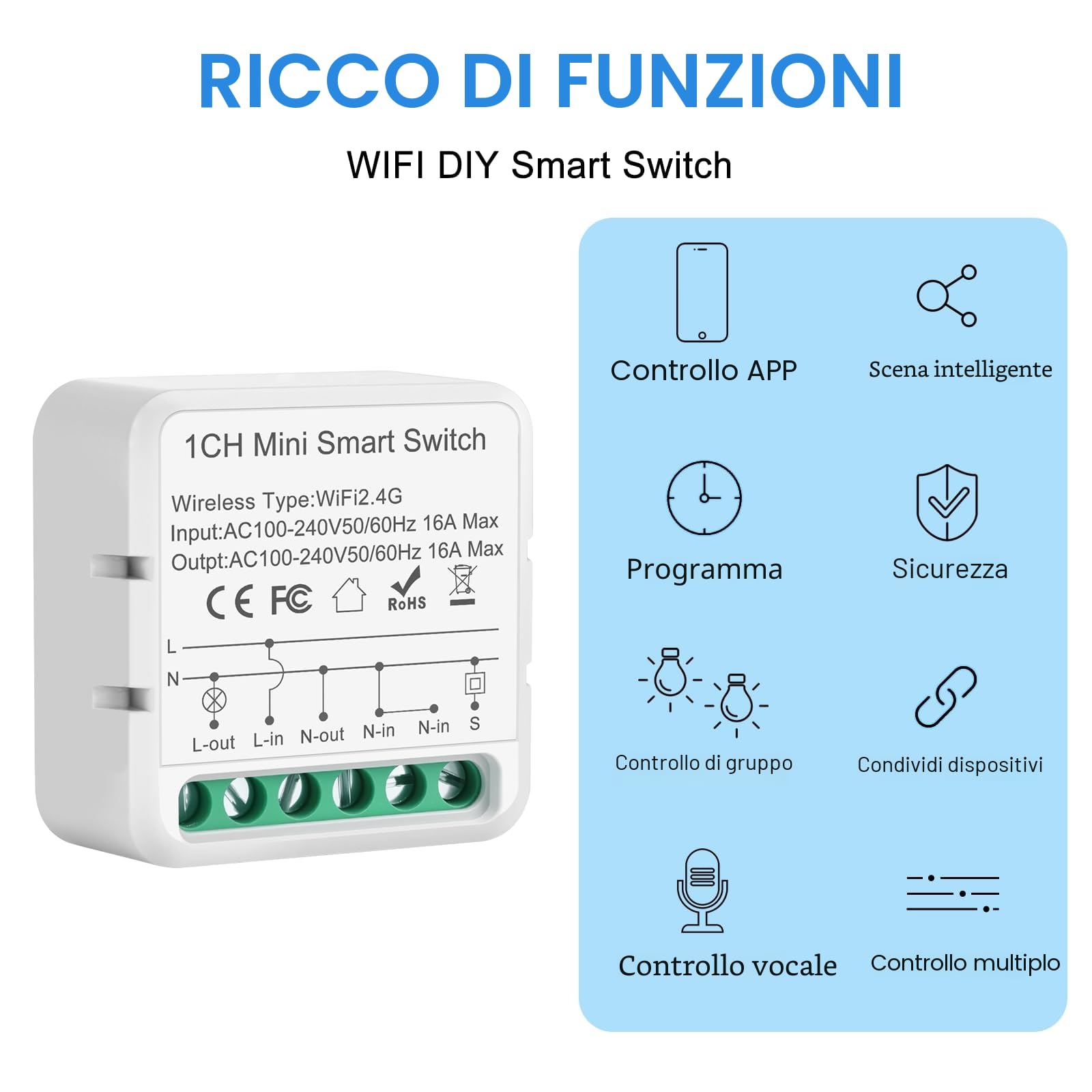 Interruttore Wifi Smart Life, 2.4G Interruttore Smart Wifi,Mini intelligente, Smart Luci Rele Module,Controllo Remoto via App Smart Life/Tuya per Domestica Intelligente